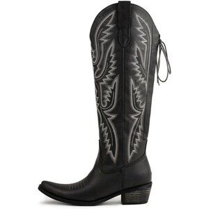 ⚡Women's Black Knee High Wide Calf Lace Up Embroidered Cowgirl Boots Pull On